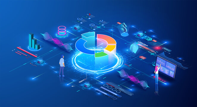 Operator guide illustration with dashboards and analytics in an isometric scene