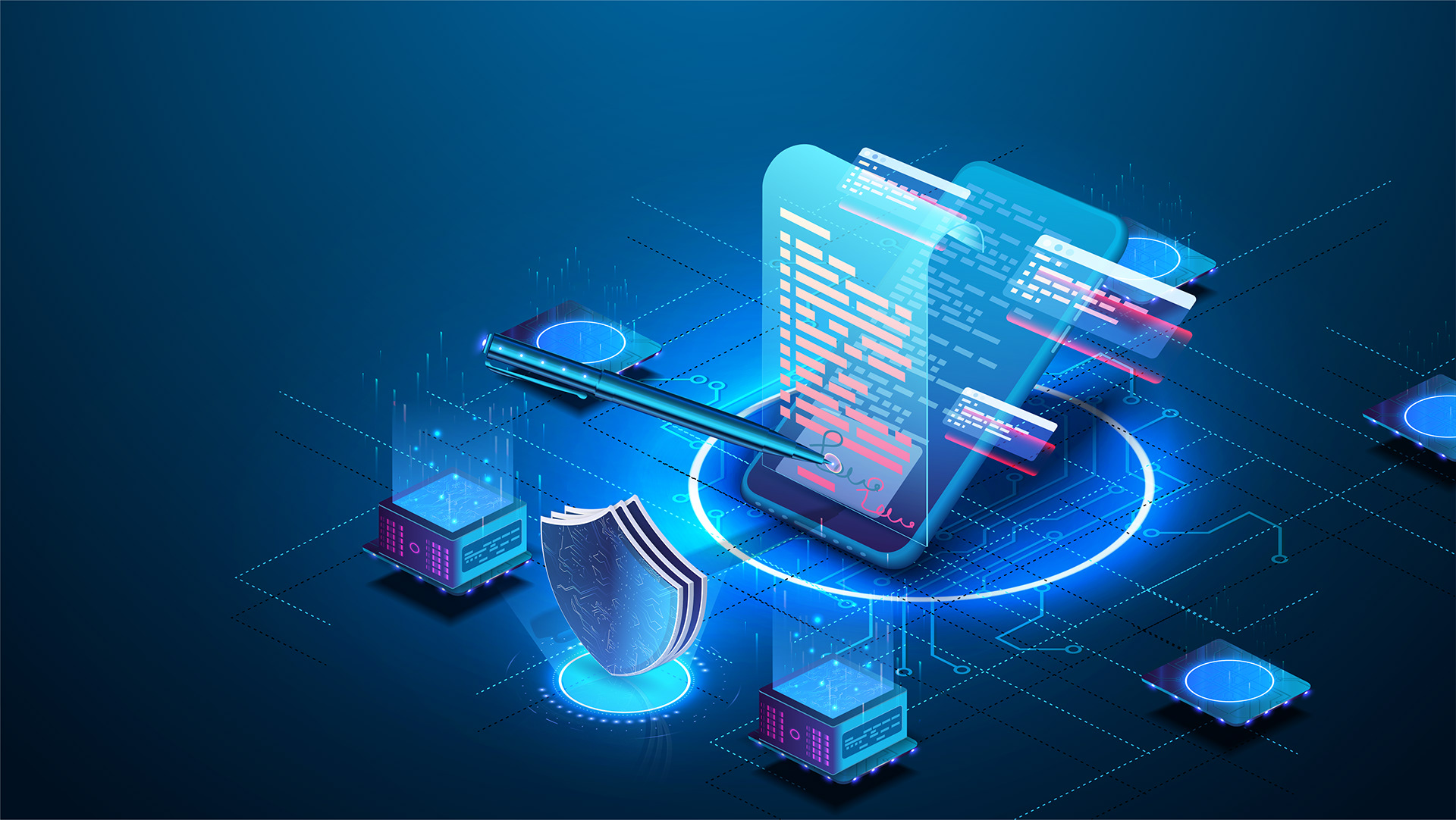 Troubleshooting illustration with secure document, shield and analysis overlays